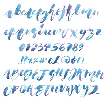 Watercolor Alphabet. Exclusive Custom Characters. Hand Lettering and Typographic art for Designs: Logo, for Poster, Invitation, Card, etc. Brush Typography. Handwritten style modern cursive font.