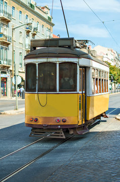 Famous Lisbon tram on the street.