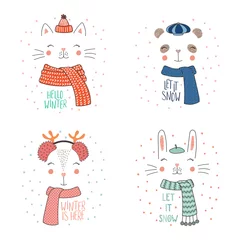 Fotobehang Set of hand drawn cute funny animal faces in warm hats, mufflers, with winter, snow quotes. Isolated objects on white background with snowflakes. Vector illustration. Design concept kids, cold weather © Maria Skrigan