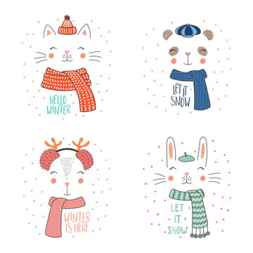Set of hand drawn cute funny animal faces in warm hats, mufflers, with winter, snow quotes. Isolated objects on white background with snowflakes. Vector illustration. Design concept kids, cold weather