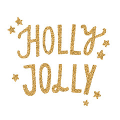 Holly Jolly gold glitter lettering. Vector hand drawn illustration. Isolated on white