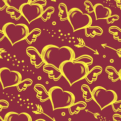 Vector seamless pattern with hand drawn hearts with wings and flying arrows. St.Valentine s day background