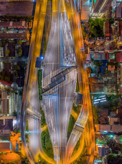 Elevated expressway. The curve of suspension bridge, Aerial view. Top view. Background scenic road.