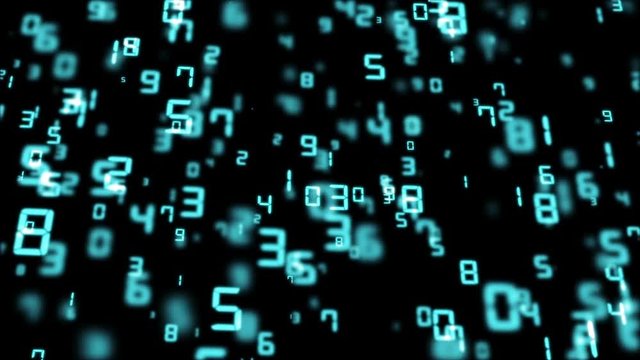 blue numbers fly in a certain direction. cinematic background. seamless loop.