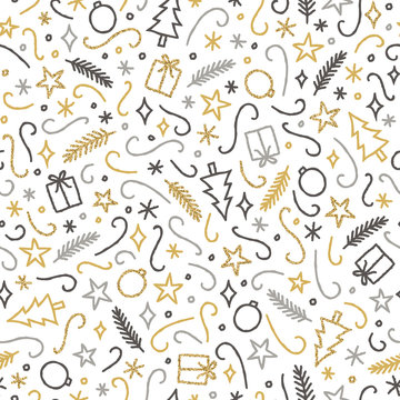 Silver and gold Christmas seamless pattern. Vector hand drawn doodles illustration