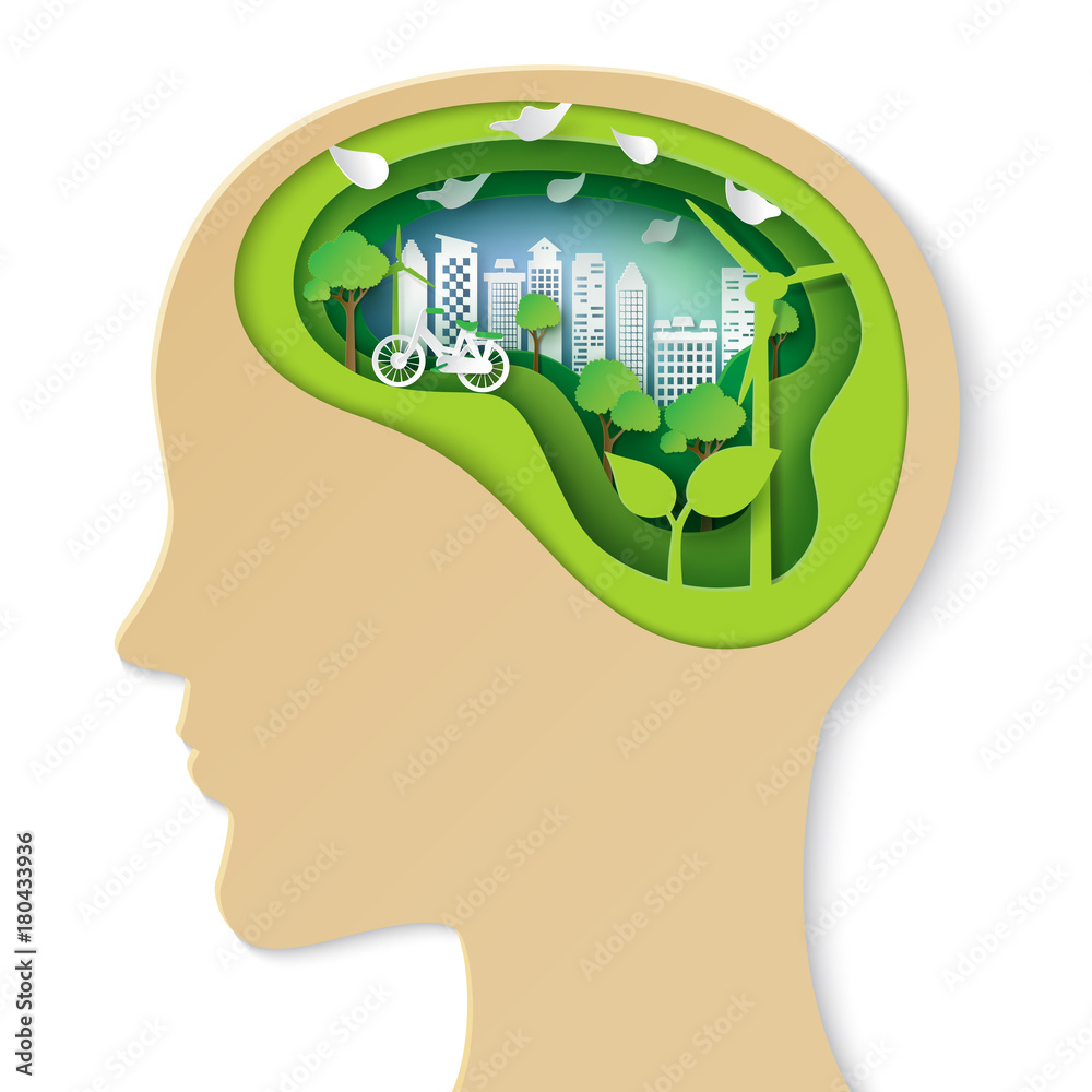 Poster think green creative idea concept.human head thinking about nature and environment conservation pape