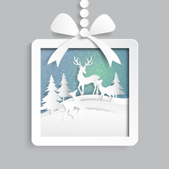 Paper gift box with deers family joyful on snow and winter season background.For merry christmas and happy new year paper art style.Vector illustration.