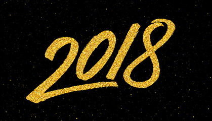 Happy New Year 2018 greeting card design template with gold text on black background. Calligraphy for chinese year of the dog. Vector illustration