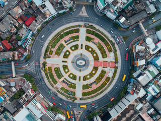 The road roundabout at morning and the city in Bangkok, Thailand. Aerial view. Top view. Background scenic road.