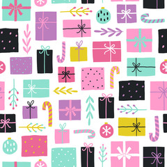 Cute Christmas and New Year gifts background. Vector hand drawn seamless pattern