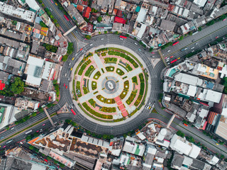 The road roundabout at morning and the city in Bangkok, Thailand. Aerial view. Top view. Background...