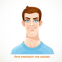 Cute brunette men in a casual pullover portrait for avatar isolated on a white background