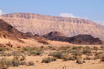 Volcanic landscape of Ardon mountain range in Crater Ramon National park.