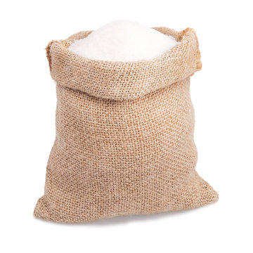 sugar in burlap sack bag isolated on white background