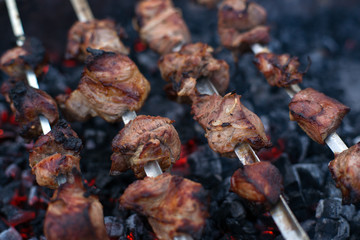 Delicious fried meat kebab on charcoal