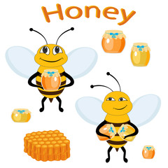 Honey and bee isolated on white background. Honeycombs, bees and honey. Vector illustration.