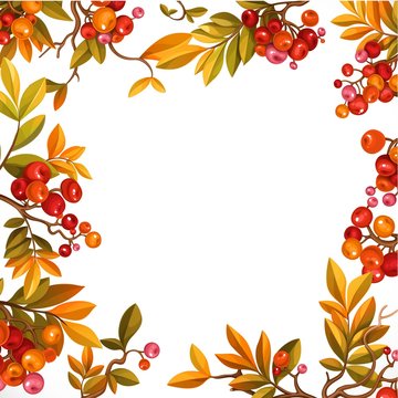 Frame from branches with leaves and red berries isolated on white background
