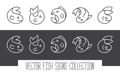 Line style logo concept collection - fish. Minimalistic outlined vector illustration.