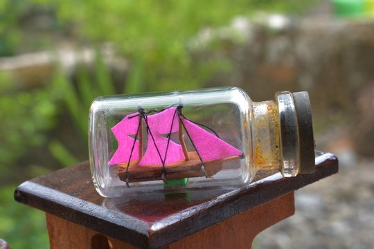 A miniature ship inside the bottle. in the photo very close to a charming garden background.
