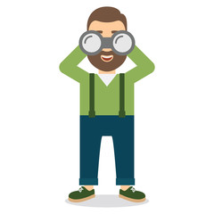 Man with a beard looks at the big binoculars.