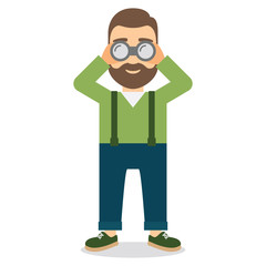 Young man looks through binoculars.