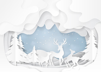 Obraz premium Deers family playing on snow and winter season abstract background with nature landscape for merry christmas and happy new year paper art style.Vector illustration.