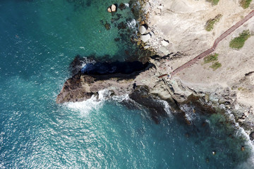 Drone top view of a stairway leading to a sea cliff, Fiolent, Crimea