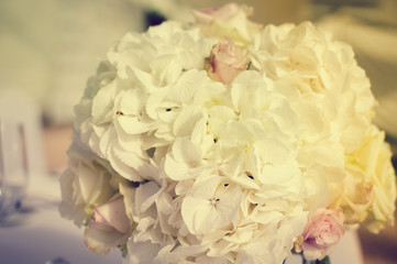 Bright close up of natural beautiful roses in light color style on blur bokeh textured background. Special event festive detail, sweet purity abstraction