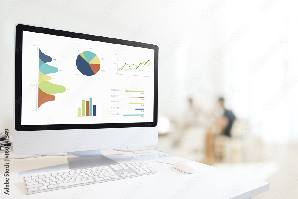 Poster Modern computer with keyboard and mouse on white table showing charts and graph on screen against blurred people sitting in cafe background , Analysis Business, Statistics Concept.