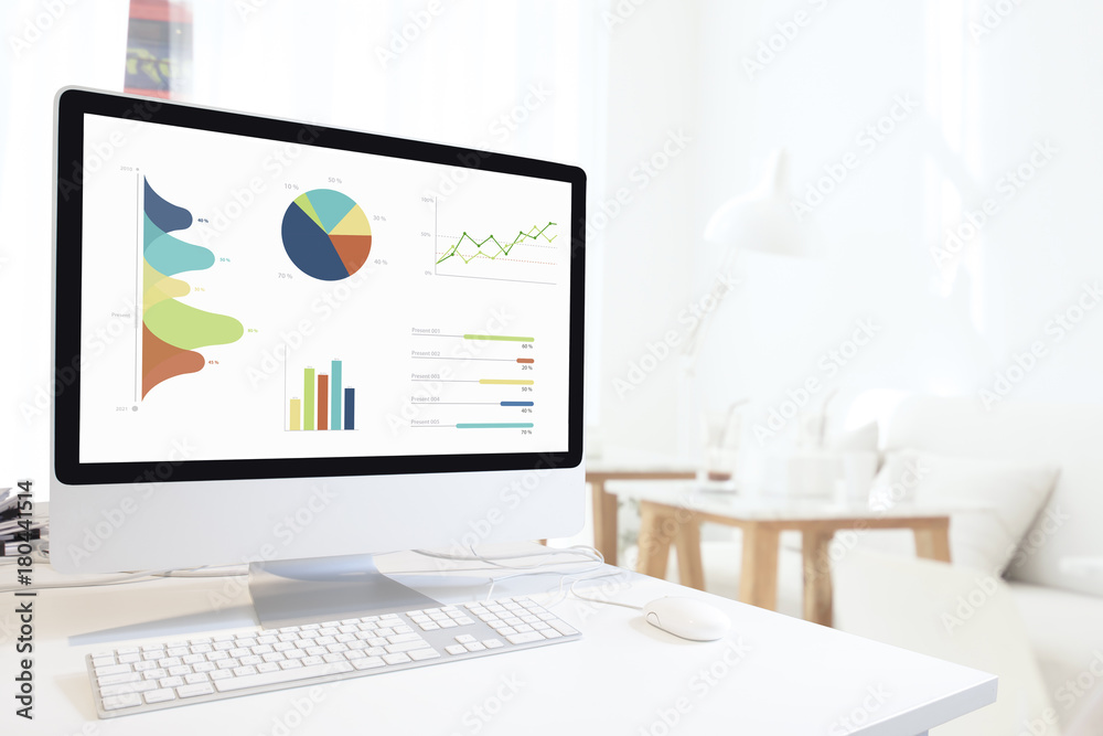 Poster Modern computer with keyboard and mouse on white table showing charts and graph on screen against modern home with chair background , Analysis Business, Statistics Concept.
