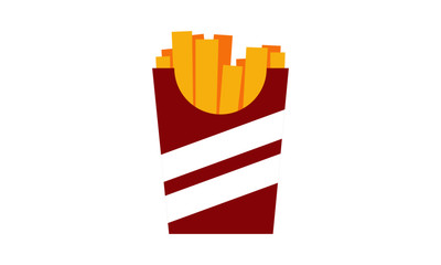 French fries in paper box, isolated. Vector illustration, flat design with long shadow. French fries fast food in a red package.