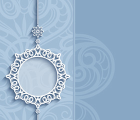Circle frame, lace pendant on ornamental blue background
