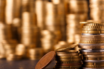 Golden coin stacks, rich money background