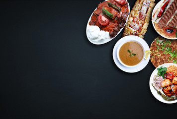 lentil soup, turkish pizza, doner, kebab, lahmacun, Adana kebab, chicken shish. Traditional Turkish food