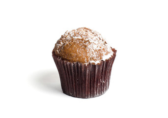 Chocolate chip muffin cup cake with powdered sugar closeup isolated on white background.