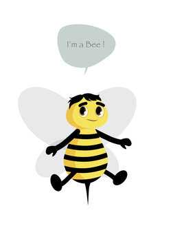 Cute bee isolated on white background and speech balloon. Vector Illustration
