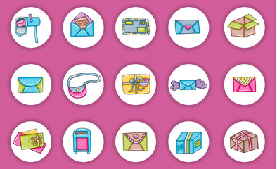 Post and mail delivery icons. Cartoon doodle stickers design. Hand drawn colorful vector illustration