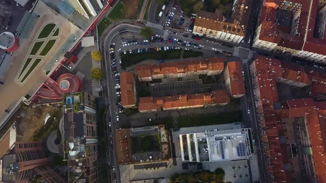 Milan top aerial view from drone at sunrise