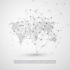 Black and White Modern Minimal Style Cloud Computing, Networks Structure, Telecommunications Concept Design, Global Connections with World Map, Transparent Geometric Wireframe - Vector Illustration