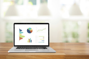 Laptop on wooden table showing charts and graph against office background ,Analysis Business Accounting, Statistics Concept.