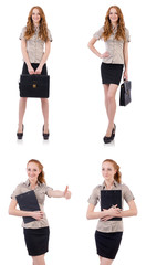 Pretty young employee with briefcase isolated on white