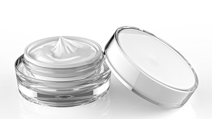 Opened white acrylic cosmetic jar with full of cream. 3d render. 