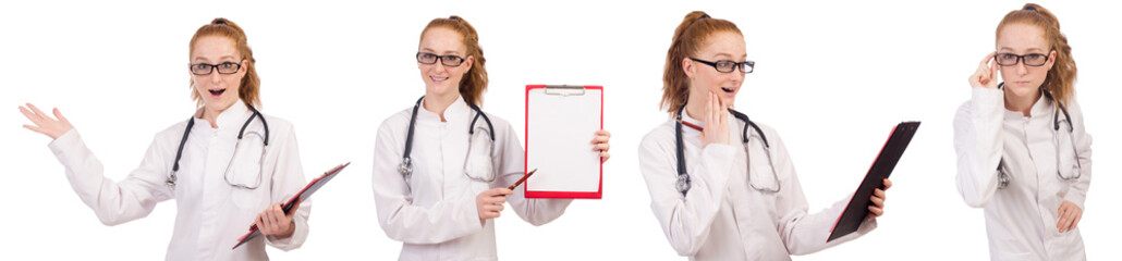 Pretty female doctor with stethoscope isolated on white