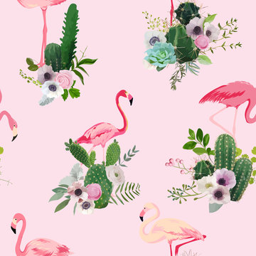 Flamingo Bird and Tropical Cactus Flowers Background. Retro Seamless Pattern in vector