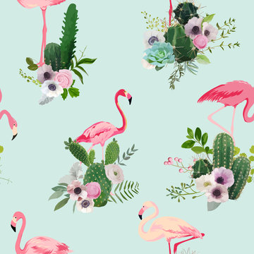 Flamingo Bird and Tropical Cactus Flowers Background. Retro Seamless Pattern in vector