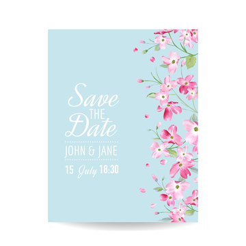 Save the Date Card with Spring Cherry Flowers for Wedding, Invitation, Party, RSVP in vector