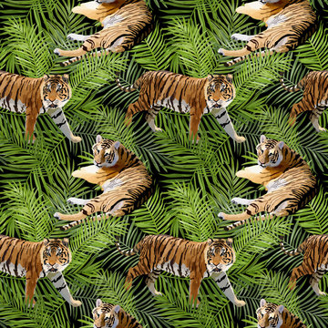 Tigers in Tropical Flowers and Palm Leaves Background, Seamless Pattern in vector