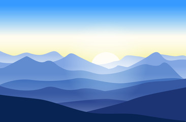 Fototapeta na wymiar Beautiful mountains landscape at sunrise. Vector illustration in blue. Nature background.