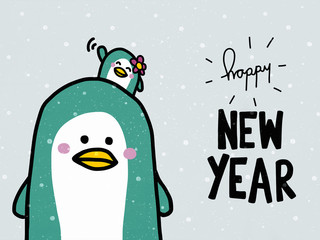 Fototapeta premium Happy New Year word and cute couple penguin lover cartoon illustration doodle style
