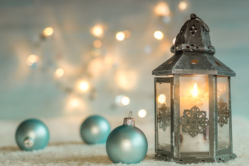 Christmas background with lantern and balls.